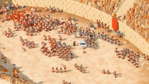 Gladiator surrounded by red and blue enemy formations in the sunlit arena