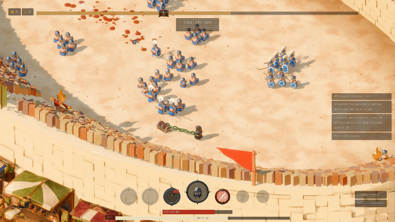 A giant mace swings through an approaching group of enemies