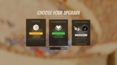 Choose your upgrade with Luck Up, Max Health Up, and Heavy Frame cards